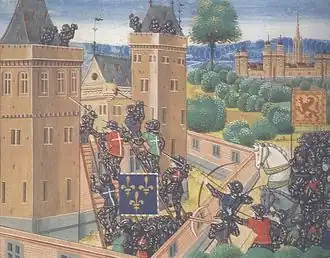 Contemporary illustration of de Vienne's attack on Wark Castle