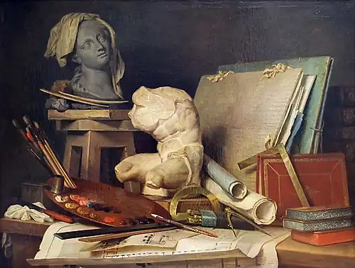 The Attributes of the Arts; by Anne Vallayer-Coster; 1769; oil on canvas; 90 x 121&nbsp;cm; Louvre[25]