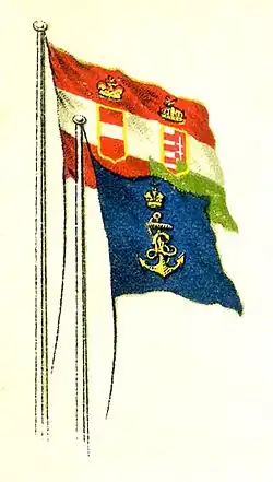 Poster from Österreichischer Lloyd showing the civil ensign and the company's logo on a navy blue flag, 1910