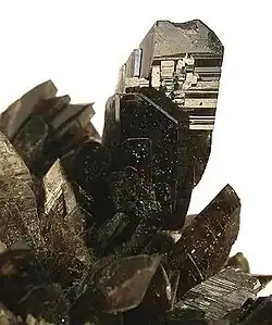 Manganaxinite (Axinite-(Mn)), with sharp curving crystals to 4&nbsp;cm. West Bor Pit at Dalnegorsk, Russia