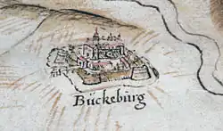 Drawing of Bückeburg along the Weser in 1520, during the Hildesheim Diocesan Feud. Drawing by Johannes Krabbe.