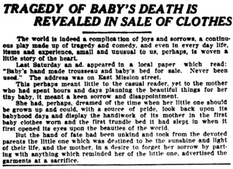 1910 newspaper article titled "Tragedy of Baby's Death is Revealed in Sale of Clothes"