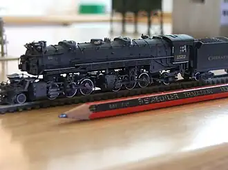 US model of an N&nbsp;scale (1:160) 2-6-6-2 shown with a pencil for size