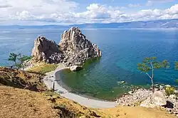 Image 71The Shamanka Шаманка&nbsp;[ru], a holy rock in Shamanism and one of the 9 most holy places in Asia, on the westcoast of Olkhon (from List of islands of Russia)