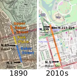 Maps of Baker Street in London in 1890 and today