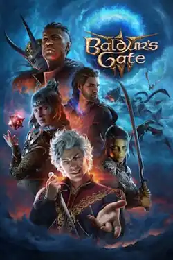 Cover art, featuring different characters and dragons, Baldur's Gate 3 logo in the upper right corner