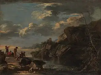 Gloomy painting of coastal cliffs, with small figures in the bottom-left who are gesticulating and armed with swords
