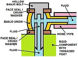 A general schematic, not to scale, showing the fluid path in an assembled banjo fitting.