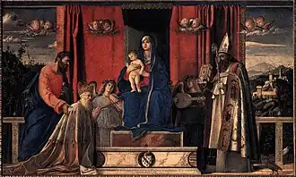 The Barbarigo Altarpiece: Doge Agostino Barbarigo with the Virgin and Child, by Giovanni Bellini, an ex-voto for the Doge's Palace