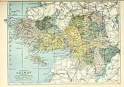 Barony map of County Galway, 1900; Clonmacnowen is in the east, coloured pink.