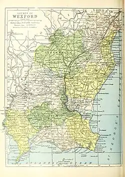 Barony map of County Wexford, 1900; East Shelmaliere barony is in the southwest, coloured yellow.