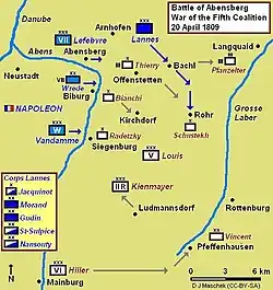 Battle of Abensberg map showing Lannes breakthrough at Bachl and Rohr
