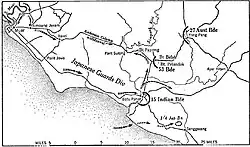 Thrust lines show the advance of Japanese forces, while sweeping arches present the location of Allied forces.