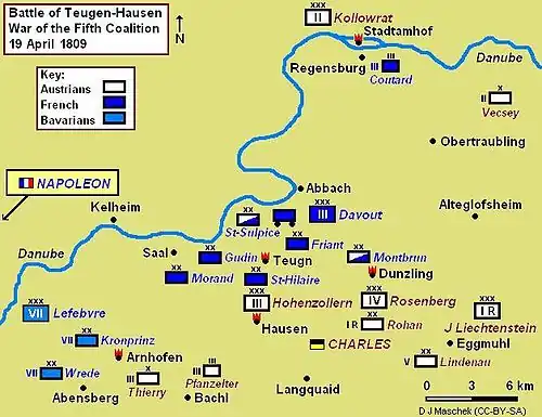 Battle of Teugen-Hausen map, showing positions on 19 April 1809