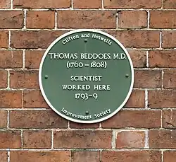 Plaque: Thomas Beddoes MD (1760–1808). Scientist. Worked here 1793–1799. Clifton and Hotwells Improvement Society