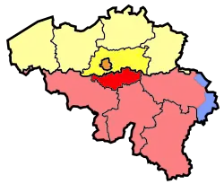 Image 40Map showing the division of Brabant into Flemish Brabant (yellow), Walloon Brabant (red) and the Brussels-Capital Region (orange) in 1995 (from History of Belgium)