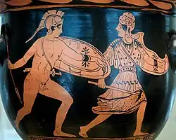 Achilles and Penthesilea fighting, Lucanian red-figure bell-krater, late fifth century&nbsp;BCE