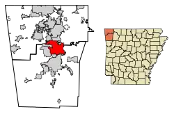 Location of Springdale in Benton County and Washington County, Arkansas.