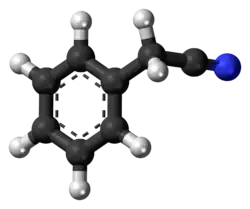 Ball-and-stick model of the benzyl cyanide molecule
