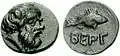 Head of bearded Seilenos or satyr. Reverse: inscription ΒΕΡΓ beneath fish.