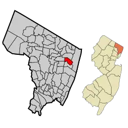 Location of Demarest in Bergen County highlighted in red (left). Inset map: Location of Bergen County in New Jersey highlighted in orange (right).