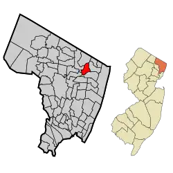 Location of Harrington Park in Bergen County highlighted in red (left). Inset map: Location of Bergen County in New Jersey highlighted in orange (right).