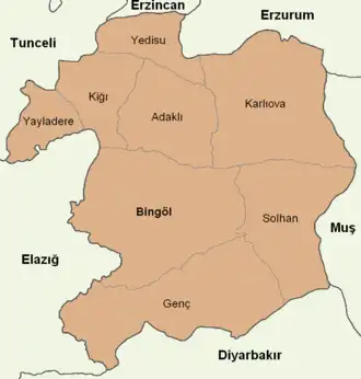Map showing Yedisu District in Bingöl Province