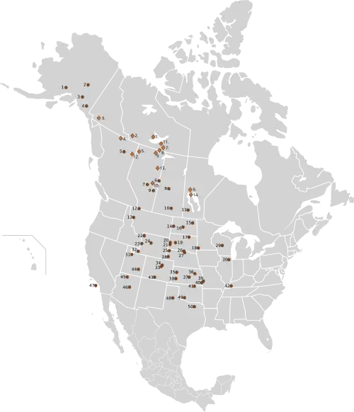 Distribution of public herds of plains bison and of free-ranging or captive breeding wood bison in North America as of 2003. &nbsp;&nbsp;Wood bison &nbsp;&nbsp;Plains bison