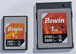 A smaller rectangular memory card (left) next to a larger rectangular memory card (right)