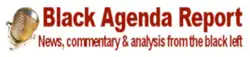 White background; golden microphone head at left; red text on right reading: "Black Agenda Report: News, commentary & analysis from the black left"