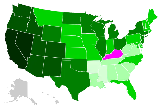 A map showing the change in the total Black population (in percent) between 1900 and 1990 by U.S. state. Light purple = Population decline Very light green = Population growth of 0.1–9.9% Light green = Population growth of 10.0–99.9% Green = Population growth of 100.0–999.9% Dark green = Population growth of 1,000.0–9,999.9% Very dark green (or Black) = Population growth of 10,000.0% or more Gray = No data available