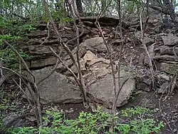 Railroad cut showing eroded Winterset Limestone, Dennis Formation, Upper Bronson Subgroup, Kansas City Group, Missourian Series, Pennsylvanian System. Raytown, Missouri.
