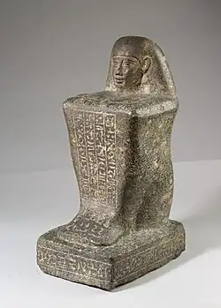 Block statue of the god's father Pameniuwedja, son of Nesmin and Nestefnut; 4th century BC; height: 34.6&nbsp;cm (13.6&nbsp;in), width: 14.5&nbsp;cm (5.7&nbsp;in), depth: 19.1&nbsp;cm (7.5&nbsp;in); Metropolitan Museum of Art