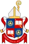 "Bo Giertz's coat of arms shows a checked background with two red and two blue squares on a shield in front of a shepherd's crook; the blue squares feature a yellow triangle inscribed within a stylized sun, whilst the red squares depict an open book over a diagonal sword; the shield is topped with a bishop's mitre and lappets. The motto is in Latin: "Verbum crucis Dei virtus.""