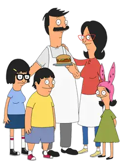 A family consisting of a mother, a father holding a hamburger, a boy, and two girls.