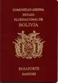 Later wine-coloured Bolivian machine-readable passport type showing Andean Community and Plurinational State of Bolivia on the title. Replaced with the new biometric model in February 2019.