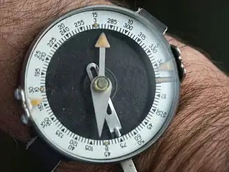 Soviet Army wrist compass with two (opposite) scales, 360&nbsp;degrees clockwise and 6000&nbsp;Soviet mil counterclockwise.