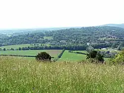 view of hills, trees and fields across a meadow