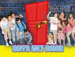 An image of the cast, with a red door in the middle of the image. The series title is displayed on the lower side of the image, over a yellow background. The logo of GMA Network is displayed on the upper right side of the image.