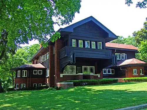 Overhangs of the Harold C. Bradley House, Madison, WI, by Louis Sullivan and George Grant Elmslie representative of Prairie School architecture.