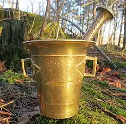 Brass mortar and pestle, model number 4, by Skultuna Messingsbruk