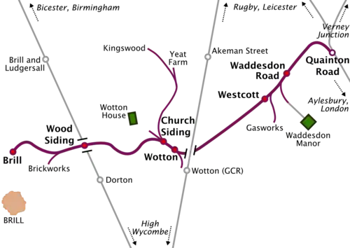 Map of a railway line running roughly southwest to northeast. Long sidings run off the railway line at various places. Two other north-south railway lines cross the line, but do not connect with it. At the northeastern terminus of the line, marked "Quainton Road", the line meets three other lines running to Rugby & Leicester, Verney Junction, and Aylesbury & London respectively. The southwestern terminus, marked "Brill", is some distance north of the town of Brill, which is the only town on the map. A station on one of the other lines, marked "Brill and Ludgersall", is even further from the town of Brill.