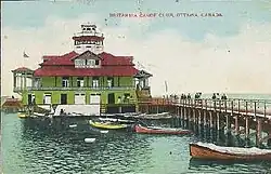 Postcard of the Britannia Boating Club House c 1905–6 on the pier designed by Charles Kivas Band (architect)