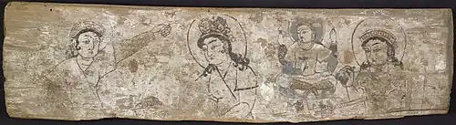 Painting on wooden panel discovered by Aurel Stein in Dandan Oilik, depicting the legend of the princess who hid silk worm eggs in her headdress to smuggle them out of China to the Kingdom of Khotan; 7th to 8th century; British Museum (London)