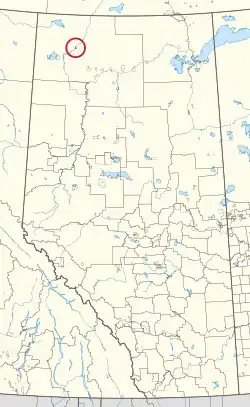 A map of the province of Alberta showing 80 counties and 145 small Indian reserves. One is highlighted with a red circle.