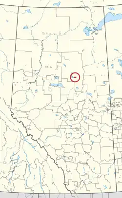 A map of the province of Alberta showing 80 counties and 145 small Indian reserves. One is highlighted with a red circle.
