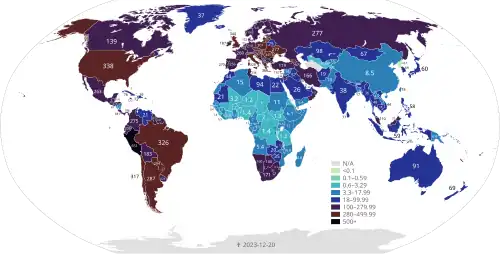 Total confirmed deaths by country &nbsp;&nbsp;100+ per 100,000 inhabitants &nbsp;&nbsp;18–100 per 100,000 inhabitants &nbsp;&nbsp;3.3–18 per 100,000 inhabitants &nbsp;&nbsp;0.6–3.3 per 100,000 inhabitants &nbsp;&nbsp;0.1–0.6 per 100,000 inhabitants &nbsp;&nbsp;<0.1 per 100,000 inhabitants &nbsp;&nbsp;None or no data