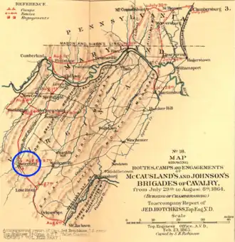 old map with route of Confederate troops