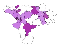 Map of UKIP candidates and vote share, scattered across urban and rural seats.