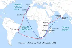 The route followed by Cabral to India in 1500 (in red) and the return route (in blue)